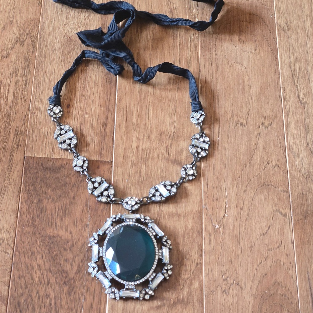 Emerald Green Crystal Statement Necklace Gunmetal Rhinestone Ribbon Whimsigoth